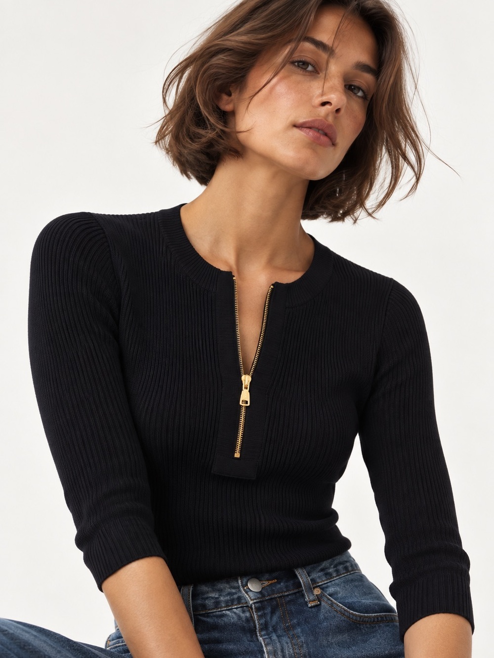 LRL Ralph Lauren Black Ribbed Quarter Zip Top